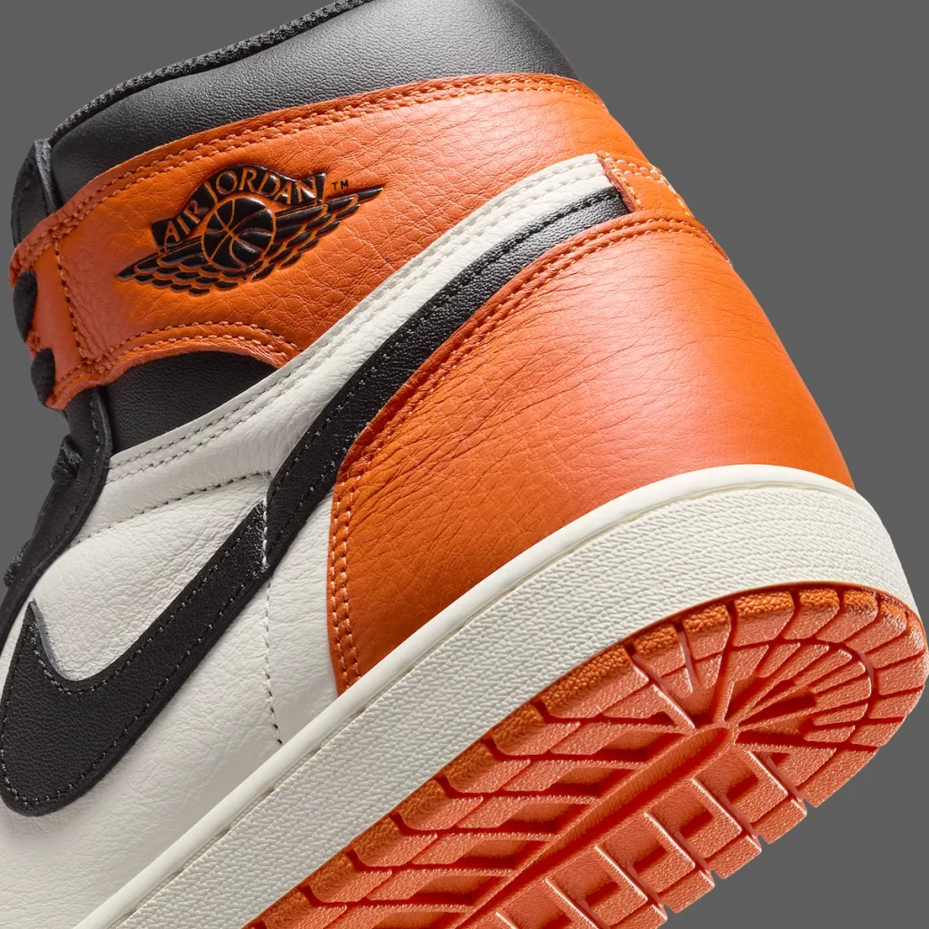 Close-up of heel stitching on Jordan 1 Shattered Backboard reps 2025