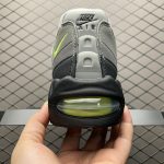 Front view of Nike Air Max 95 OG Big Bubble Neon (2025/2026), showcasing the grey suede toe cap, black mesh, and neon green lace loops