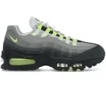 Nike Air Max 95 OG Big Bubble Neon (2025/2026) side profile, iconic grey gradient layers with vibrant neon green accents and visible Air unit