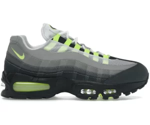 Nike Air Max 95 OG Big Bubble Neon (2025/2026) side profile, iconic grey gradient layers with vibrant neon green accents and visible Air unit