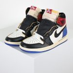 Side profile of Jordan 1 Retro High OG SP Fragment Union LA Varsity Red Sport Royal