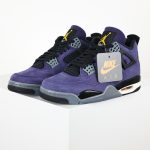 Front view of Jordan 4 Retro Lakers FV5029-500 sneakers, showing laces, tongue, and toe box