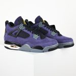 Outsole of Jordan 4 Retro Lakers FV5029-500, showing traction pattern, colors, and design elements