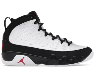Jordan 9 Retro OG Space Jam (2026) IX6179-100 front view, white and black leather with blue accents